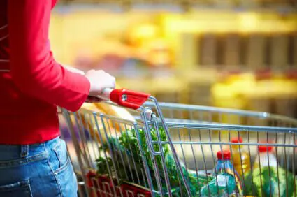 Blog 1 Woman grocery shopping holding shopping cart