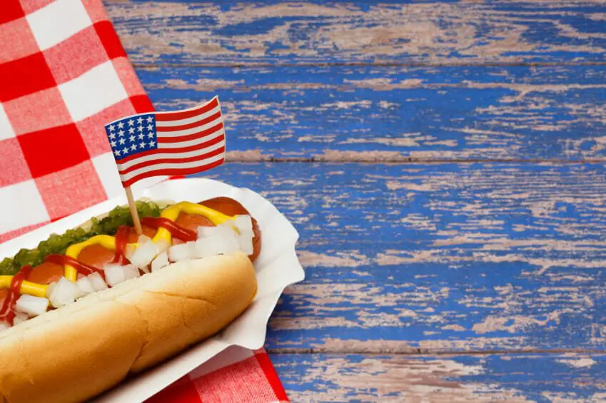 Ketchup, mustard and relish on a hot dog